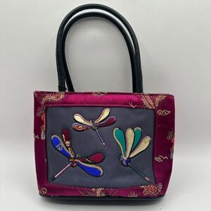 Vintage Bueno Wearable‎ Art Dragonfly Embroidered Silk Blend Handbag Purse